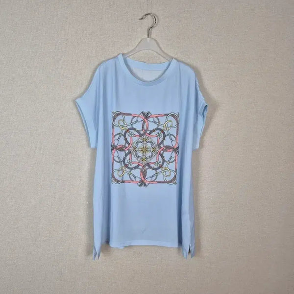 [BUNJANG] Plus Size Sky Blue Printed Short Sleeve Blouse / (#88/택X새상품)빅사이즈 하늘색 프린팅 반팔 블라우스