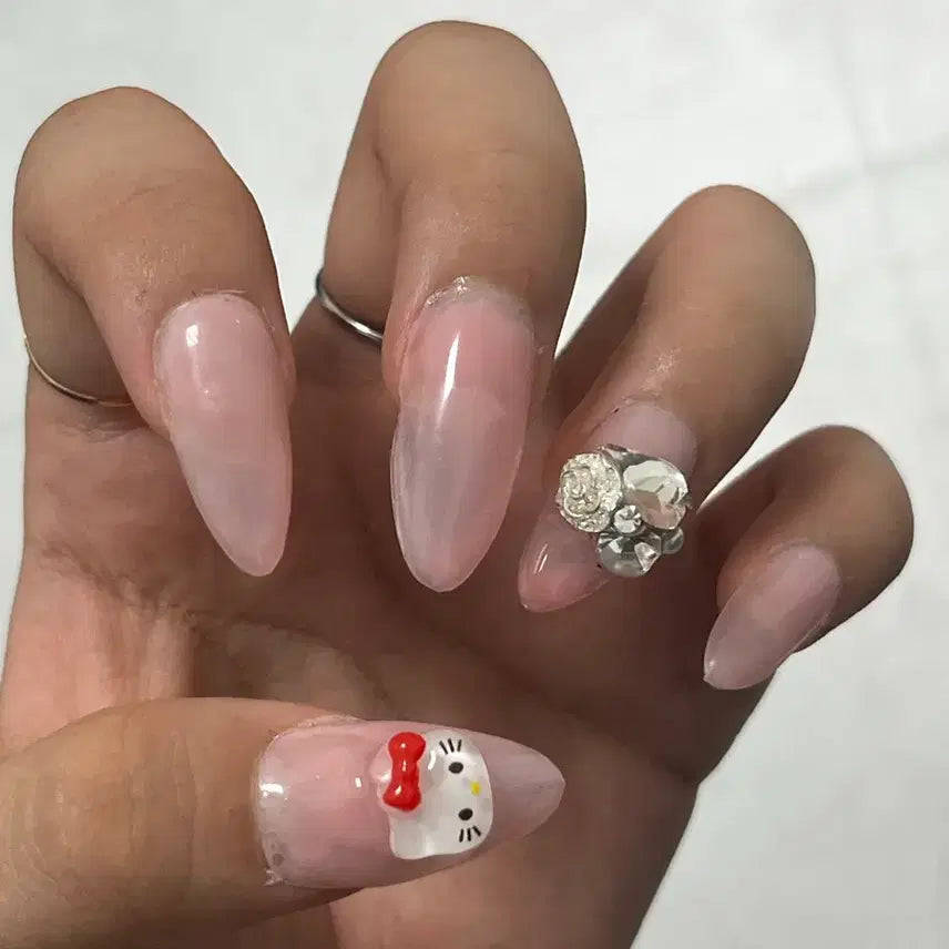 [BUNJANG] Handmade Kitty Design Nail Tips with Cubic Embellishments / 수제네일팁