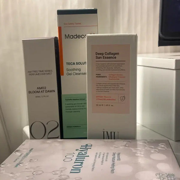 [BUNJANG] Bundle Set: Daizo Madeca Cleansing Gel, IAMYOU Sun Essence, AMTREE Perfume Hair Essence, Soonsoo Migbaek Melting Patch / 일괄))다이소 마데카 클렌징젤 아이엠유 선에센스 에이엠트리 퍼퓸 헤어 에센스 순수미백 멜팅 패치
