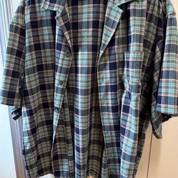 [BUNJANG] W-Ness Open Collar Check Half Shirt Green Navy / 웨이비니스 / 오픈 카라 체크 하프 셔츠 / 그린 네이비 / 1