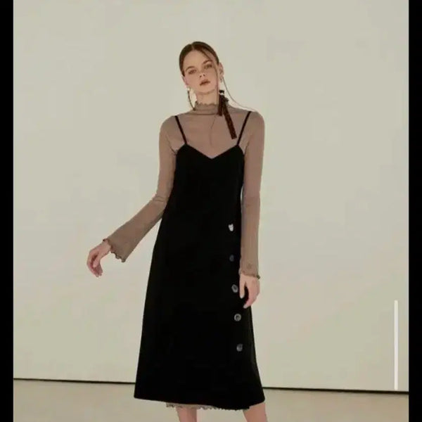 [BUNJANG] Etmon Button Bustier Dress Black / 에트몽 단추 버튼 뷔스티에 원피스 블랙