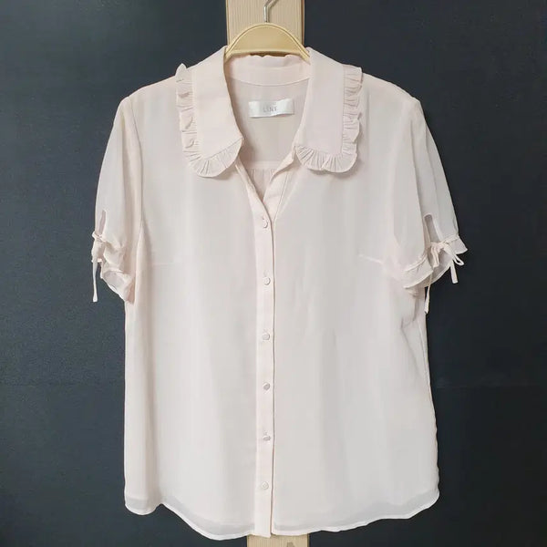 [BUNJANG] LINE Frill Collar Chiffon Blouse - Pink (55) / 진짜만원 LINE 프릴카라 쉬폰블라우스 55 연핑크