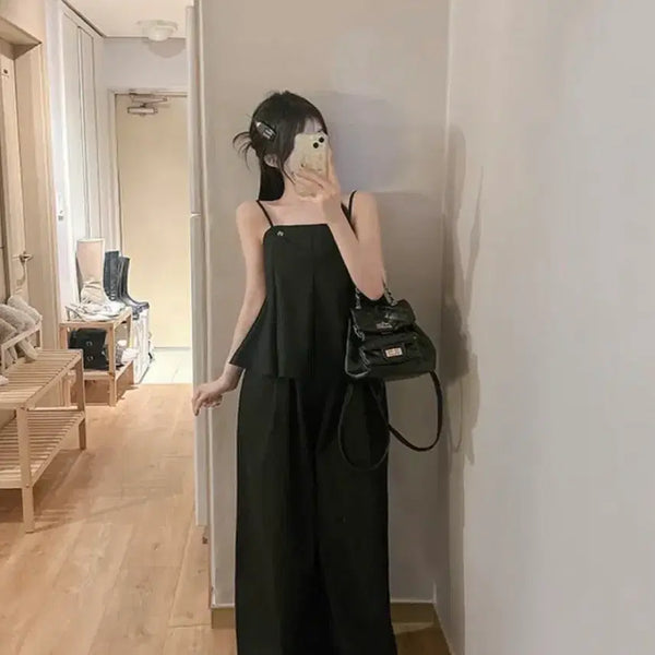 [BUNJANG] Flare Sleeveless Blouse and Wide Pants Two-Piece Set / 하객룩 플레어 나시 블라우스 와이드 팬츠 투피스 세트