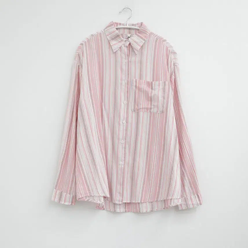 [BUNJANG] Oversized Pink Striped Long Sleeve Shirt / 오버핏 핑크 스트라이프 줄무늬 긴팔 셔츠