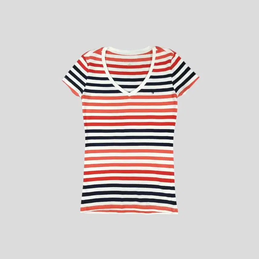 [BUNJANG] Tommy Hilfiger Women's White Red Navy Stripe Logo V-Neck Cotton T-Shirt - Size S / 타미힐피거 화이트 레드 네이비 배색 스트라이프패턴 로고 브이넥 코튼 반팔 티셔츠 WOMANS S