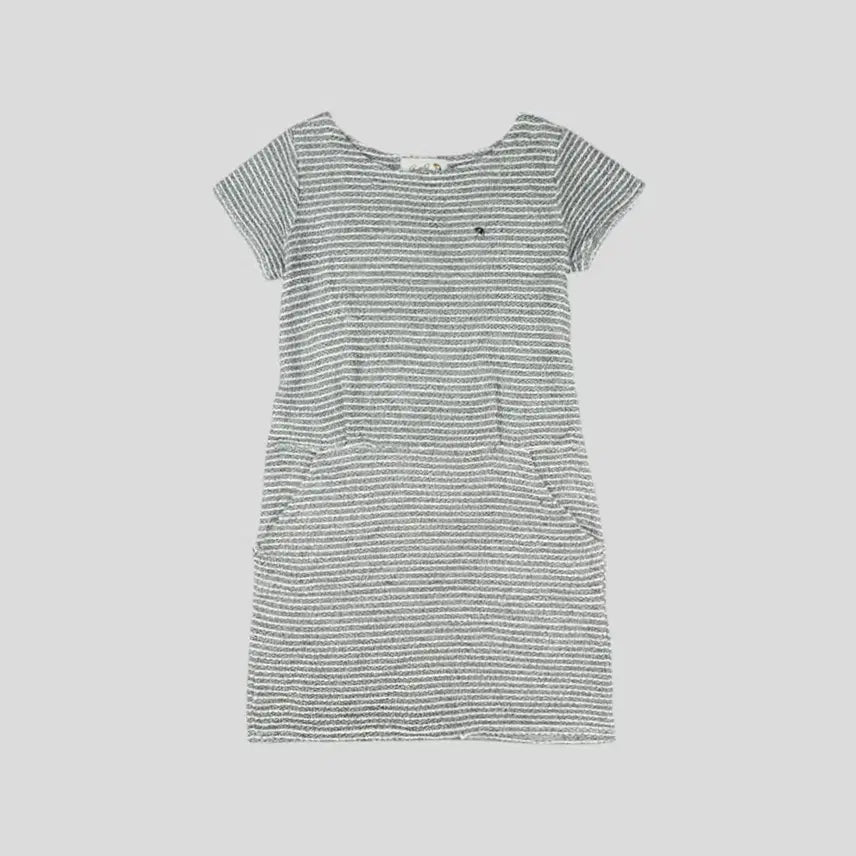 [BUNJANG] Arnold Palmer Pin Striped Feminine Cap Sleeve Boatneck Knit Tweed Dress WOMANS M / 아놀드파머 JP 화이트 네이비 배색 핀 스트라이프 로고 핀턱 페미닌 캡슬리브 보트넥 니트 트위드 반팔 원피스 WOMANS M
