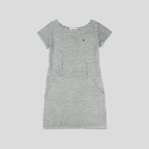 [BUNJANG] Arnold Palmer Pin Striped Feminine Cap Sleeve Boatneck Knit Tweed Dress WOMANS M / 아놀드파머 JP 화이트 네이비 배색 핀 스트라이프 로고 핀턱 페미닌 캡슬리브 보트넥 니트 트위드 반팔 원피스 WOMANS M