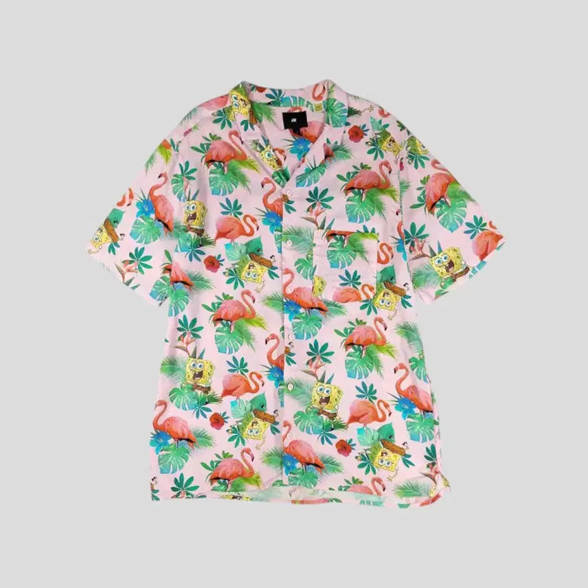 [BUNJANG] H&M SpongeBob Baby Pink Leaf Pattern Flamingo Chest Pocket Short Sleeve Shirt XL / H&M 에이치엔엠 X 스폰지밥 베이비핑크 멀티컬러 리프패턴 플라밍고 체스트포켓 비스코스 반팔셔츠 하프셔츠 XL