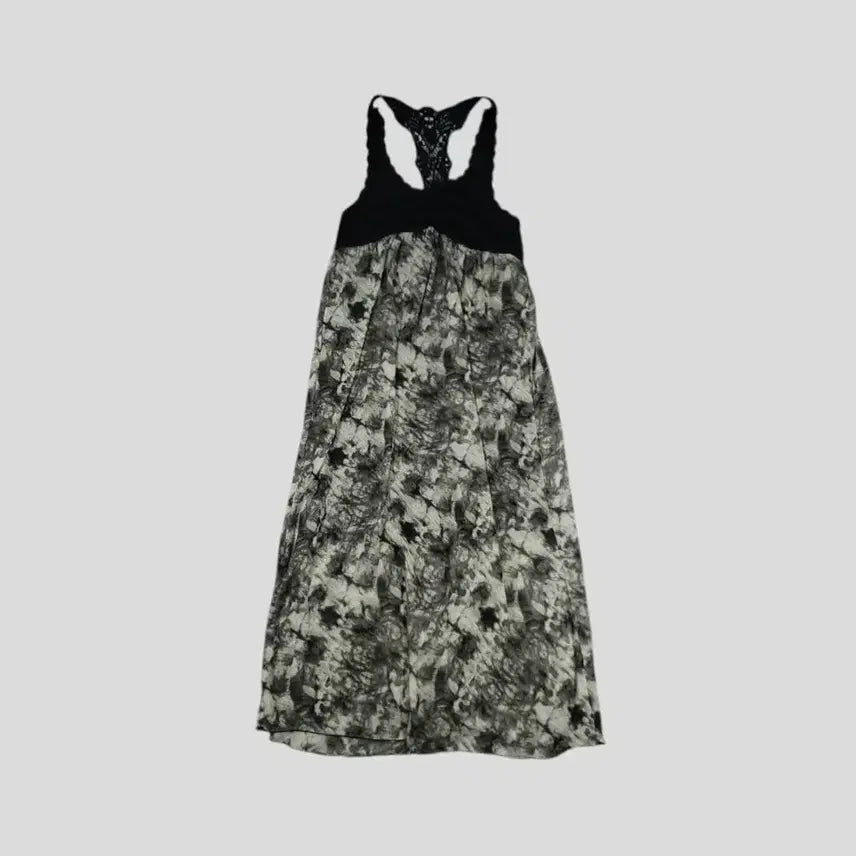 [BUNJANG] Vintage JP Black Gray Floral Tie-Dye Pattern Crochet Racerback Empire Line Rayon Blend Oriental Chiffon Sleeveless Long Dress WOMAN M / 빈티지 JP 블랙 그레이 배색 플로랄 타이다이패턴 크로셰 레이서백 엠파이어라인 레이온블렌드 오리엔탈 쉬폰 슬리브리스 롱 원피스 WOMANS M