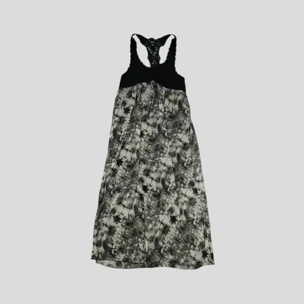 [BUNJANG] Vintage JP Black Gray Floral Tie-Dye Pattern Crochet Racerback Empire Line Rayon Blend Oriental Chiffon Sleeveless Long Dress WOMAN M / 빈티지 JP 블랙 그레이 배색 플로랄 타이다이패턴 크로셰 레이서백 엠파이어라인 레이온블렌드 오리엔탈 쉬폰 슬리브리스 롱 원피스 WOMANS M