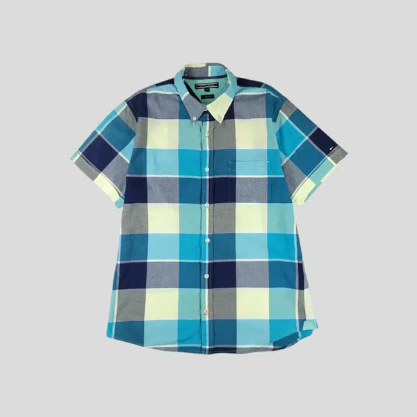 [BUNJANG] Tommy Hilfiger Teal Big Check Pattern Chest Pocket Button-Down Cotton Short-Sleeve Shirt M / 타미힐피거 틸 청록톤 빅체크패턴 체스트포켓 버튼다운 모던핏 롤업 코튼 반팔셔츠 하프셔츠 M