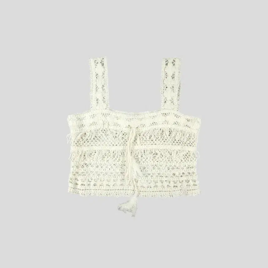 [BUNJANG] Vintage White Knit Floral Pattern Net Cropped Sleeveless Top WOMAN'S M / 빈티지 화이트 뜨개패턴 플로랄패턴 네트 그물 크롭 니티드 슬리브리스 민소매 나시 WOMANS M