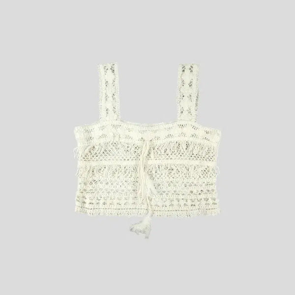 [BUNJANG] Vintage White Knit Floral Pattern Net Cropped Sleeveless Top WOMAN'S M / 빈티지 화이트 뜨개패턴 플로랄패턴 네트 그물 크롭 니티드 슬리브리스 민소매 나시 WOMANS M