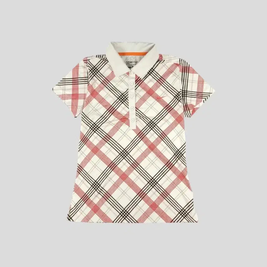 [BUNJANG] Nike Golf Dri-FIT Half-Button Plaid Short-Sleeve T-Shirt Womens L / 나이키 골프 화이트 브라운 레드 배색 스우시 로고 타탄체크 드라이핏 하프버튼 카라넥 골프웨어 기능성 반팔 티셔츠 WOMANS L