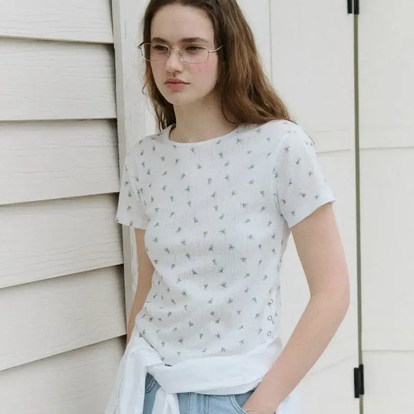[BUNJANG] Rolleral roller SIDE SLIT FLOWER T-SHIRT White + Blue / 로라로라 SIDE SLIT FLOWER T-SHIRT WH+BL
