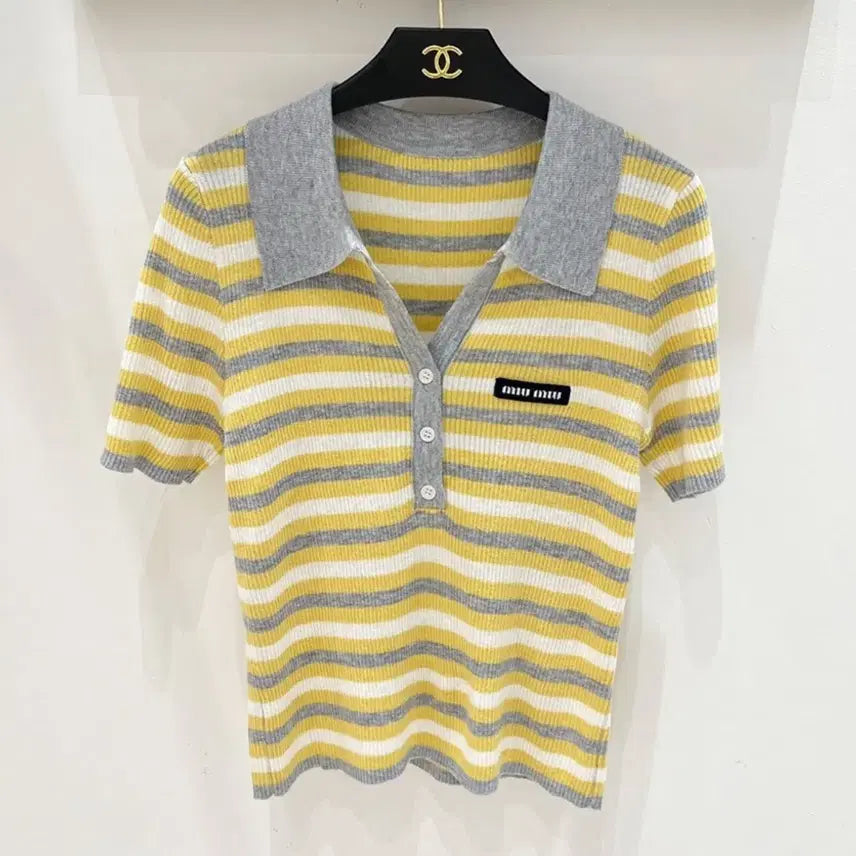 [BUNJANG] Miu Striped Short Sleeve Knit / 미우 단가라 반팔 니트