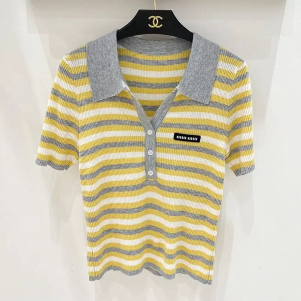 [BUNJANG] Miu Striped Short Sleeve Knit / 미우 단가라 반팔 니트