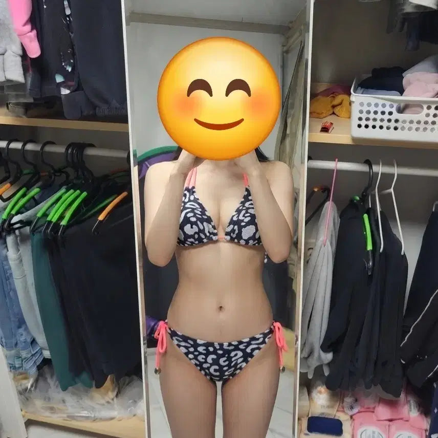 [BUNJANG] Navy Leopard Print Bikini with Pink Straps / 네이비 호피 무늬 비키니