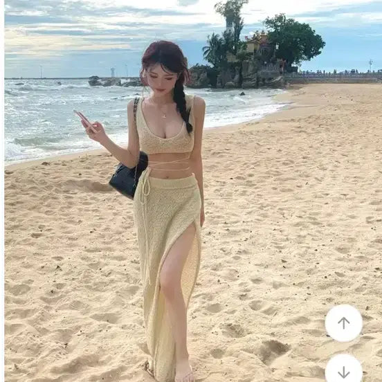 [BUNJANG] Daily B Rome Knit Beach Two-Piece Set Beige / 데일리브 롬엔 니트 비치 투피스