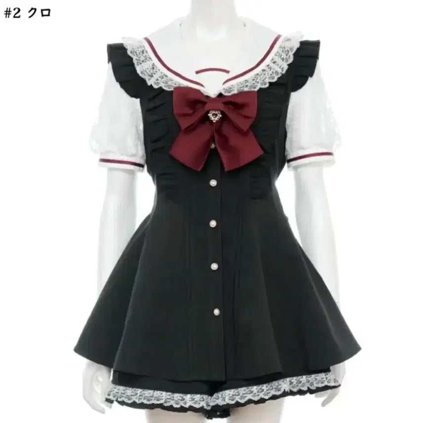 [BUNJANG] Secret Honey Lace Sailor Collar Short Sleeve Setup Black + Skirt Set / 시크릿허니 레이스 세일러 칼라 반팔 셋업 블랙 + 치마 양산형 지뢰계