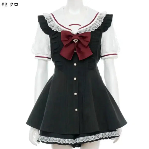 [BUNJANG] Secret Honey Lace Sailor Collar Short Sleeve Setup Black + Skirt Set / 시크릿허니 레이스 세일러 칼라 반팔 셋업 블랙 + 치마 양산형 지뢰계