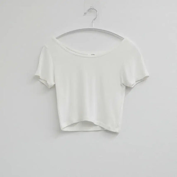 [BUNJANG] Round Neck Spandex White Short Sleeve T-Shirt / 라운드 스판 화이트 반팔 쫄쫄이 티셔츠