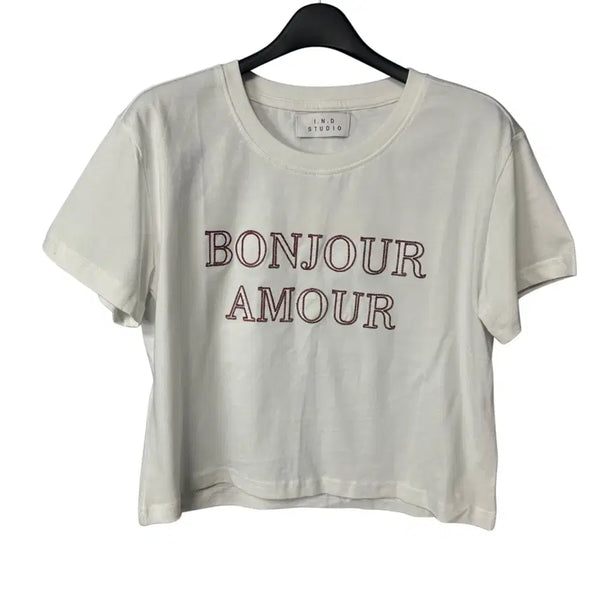 [BUNJANG] IND STUDIO Women's White Cropped Short-Sleeve T-Shirt / free IND STUDIO 여성 화이트 크롭 반팔티