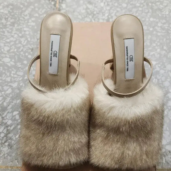 [BUNJANG] Handmade Fur Mules Slippers Beige 240 / 수제화 퍼 뮬 슬리퍼 베이지 240