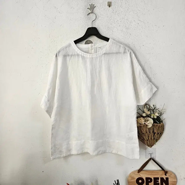[BUNJANG] White Linen Short-Sleeve T-Shirt / 화이트 린넨 반팔 티셔츠