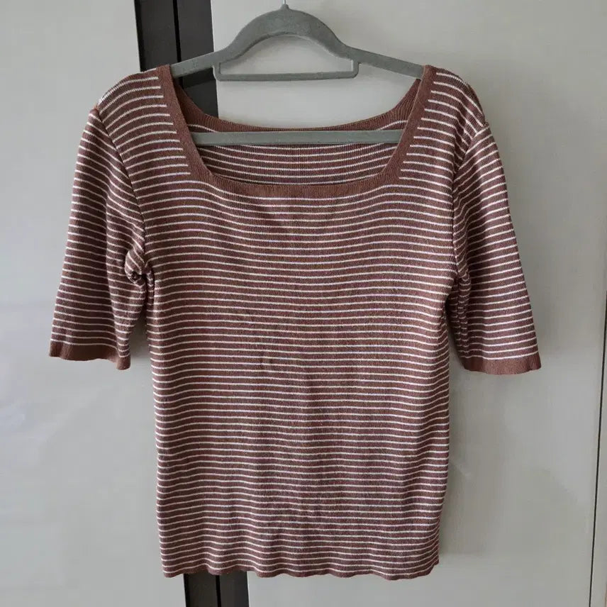 [BUNJANG] Stripe Square Neck Short Sleeve Knit / 스트라이프 스퀘어넥 반팔 니트