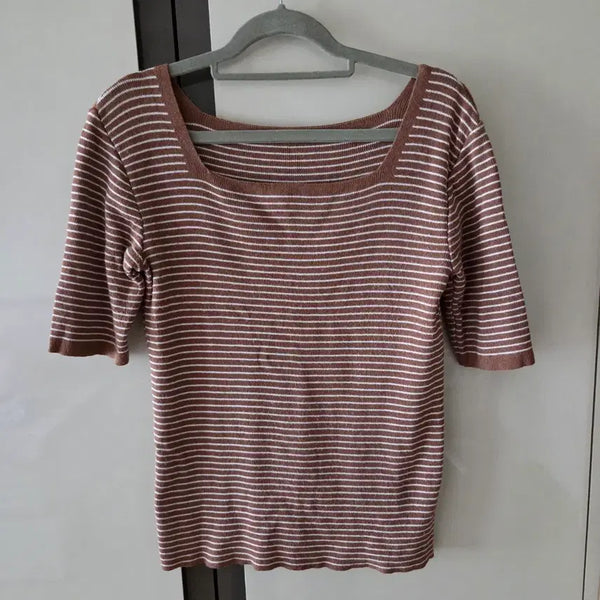 [BUNJANG] Stripe Square Neck Short Sleeve Knit / 스트라이프 스퀘어넥 반팔 니트