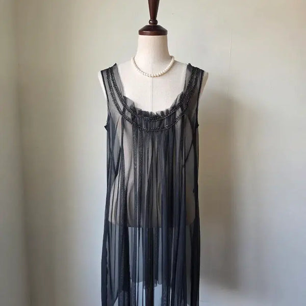 [BUNJANG] Black Gold Thread Lace Point Layered See-through Dress / 세일)블랙 금사 레이스 포인트 레이어드 시스루 원피스