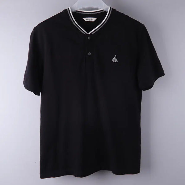 [BUNJANG] Beanpole Black Logo Embroidery Tipping Henley Neck T-shirt Short Sleeve (Size 100) / 빈폴 블랙 로고 자수 티핑 헨리넥 티셔츠 반팔 (100)