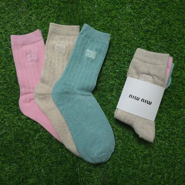 [BUNJANG] Miu Miu 3-Pack Socks Set (Pink, Beige, Mint) / 미우미우 양말 3종 세트 핑크/베이지/민트