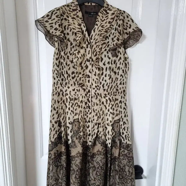 [BUNJANG] Chers Note Leopard Print Chiffon Dress with Frill and Lace Details / 캐리스노트쉬폰원피스