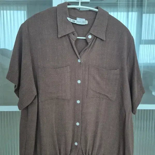 [BUNJANG] Women's Brown Short-Sleeve Linen Blend Collared Shirt Blouse / 여성 브라운 반팔 린넨 혼방 카라 셔츠 블라우스