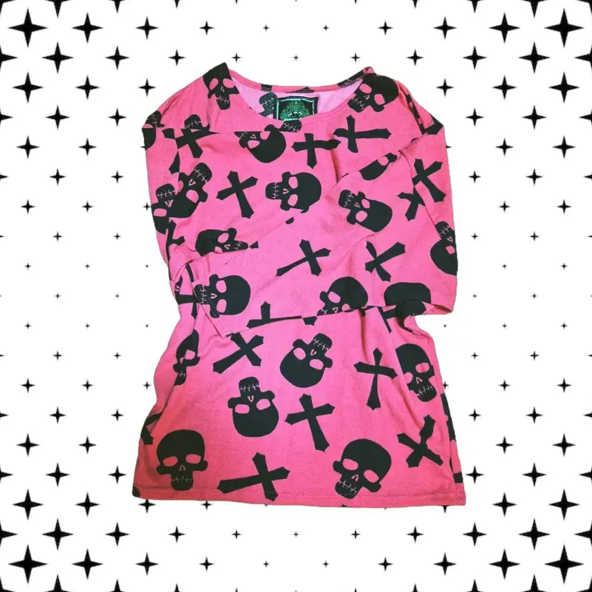 [BUNJANG] Pink Punk Skull Cross Long Sleeve T-Shirt / 급처) 핑크 펑크 데일리 해골 십자가 티 지뢰계 키치룩 슬리브