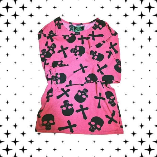 [BUNJANG] Pink Punk Skull Cross Long Sleeve T-Shirt / 급처) 핑크 펑크 데일리 해골 십자가 티 지뢰계 키치룩 슬리브