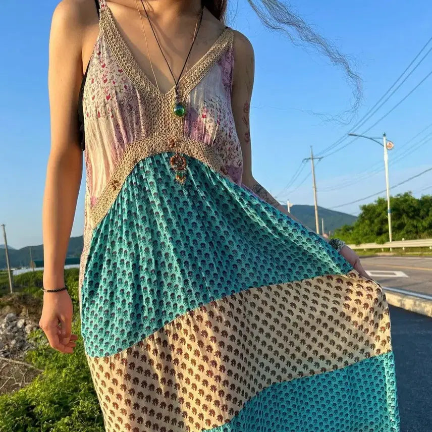 [BUNJANG] Vintage Ethnic Bohemian Pattern Maxi Dress / 빈티지 에스닉 보헤미안 패턴 맥시 원피스