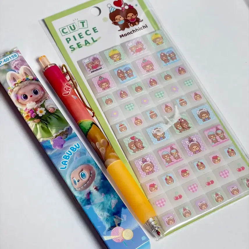 [BUNJANG] Monchhichi Tile Sticker & Rabubu Random Ballpoint Pen Set / 몬치치 타일스티커 + 라부부 랜덤 볼펜
