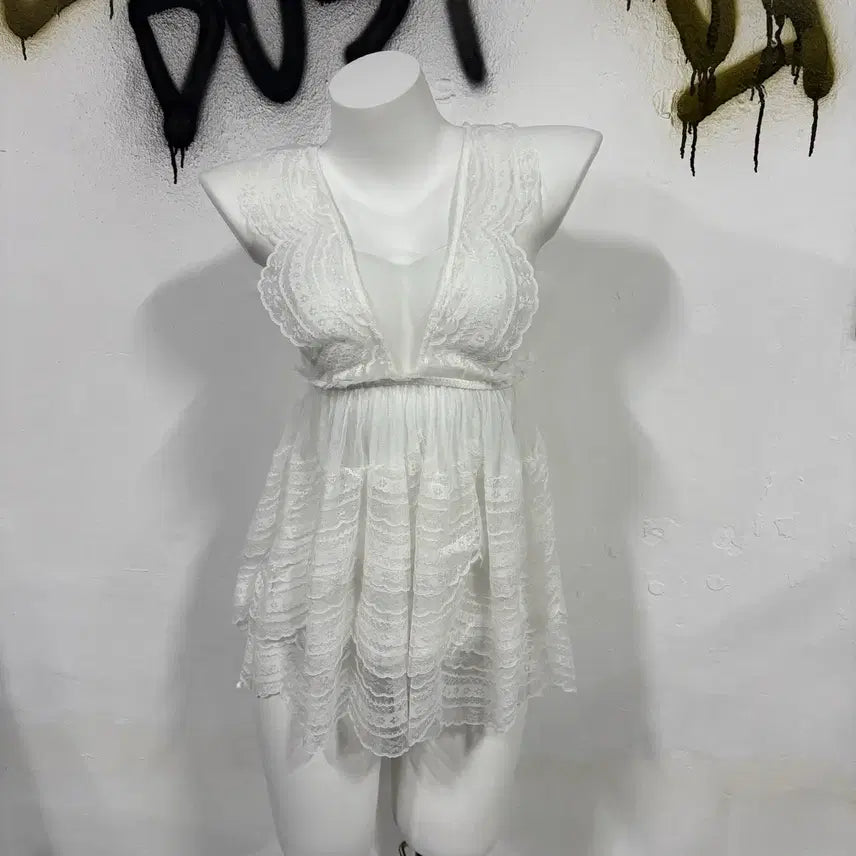 [BUNJANG] Vintage White Fairy Lace See-Through Layered Slip Dress / VTG 빈티지 화이트 페어리 레이스 시스루 레이어드 슬립