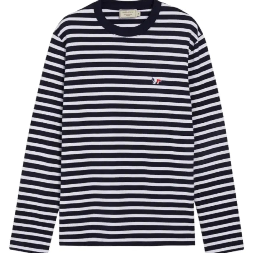 [BUNJANG] Maison Kitsuné Tricolore Fox Patch Marine Stripe T-shirt Navy / 메종 키츠네 트라이컬러 폭스 패치 마린 스트라이프 티셔츠 네이비