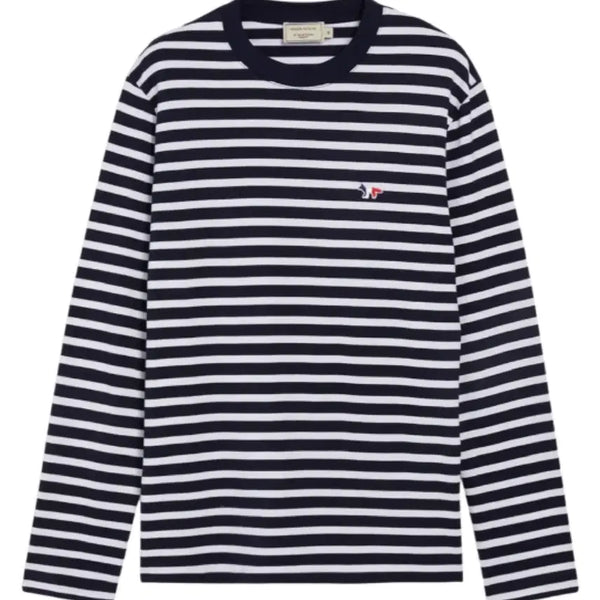 [BUNJANG] Maison Kitsuné Tricolore Fox Patch Marine Stripe T-shirt Navy / 메종 키츠네 트라이컬러 폭스 패치 마린 스트라이프 티셔츠 네이비