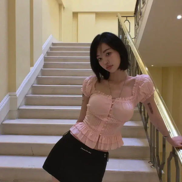 [BUNJANG] Pale Jade Julie Frill Button Blouse (Peach Pink, M) / 페일제이드 줄리 프릴 버튼 블라우스 (피치핑크 m)