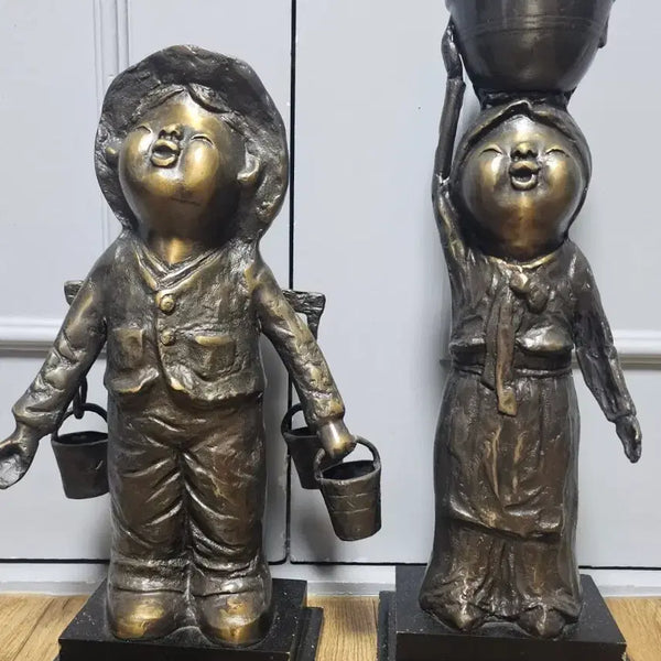 [BUNJANG] Antique Brass Water Bucket Boy and Girl Statues Set / 설선오 진품명품 2점 일괄 30만원