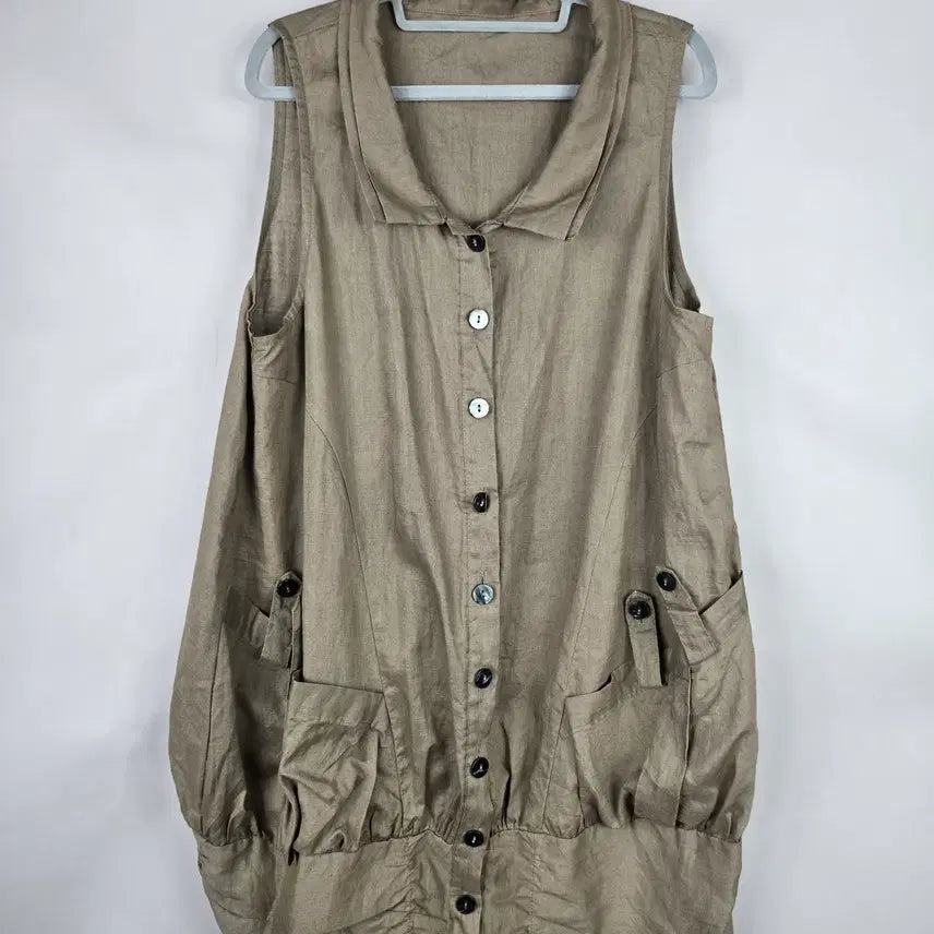 [BUNJANG] Women's Linen Sleeveless Balloon Long Dress / [무료배송]여성 F 린넨 마 100% 앞 단추 민소매 벌룬 롱 원피스