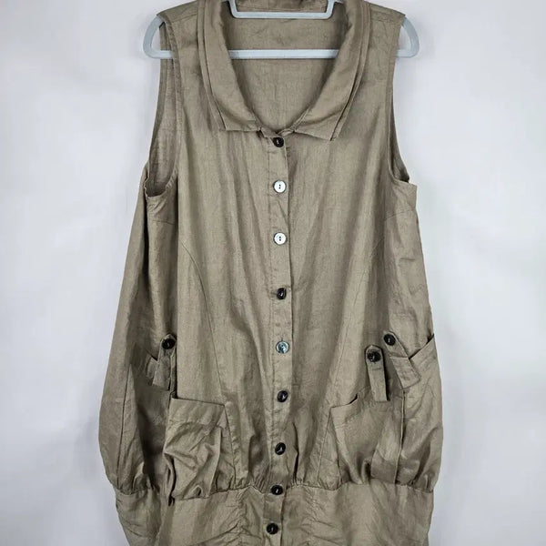 [BUNJANG] Women's Linen Sleeveless Balloon Long Dress / [무료배송]여성 F 린넨 마 100% 앞 단추 민소매 벌룬 롱 원피스