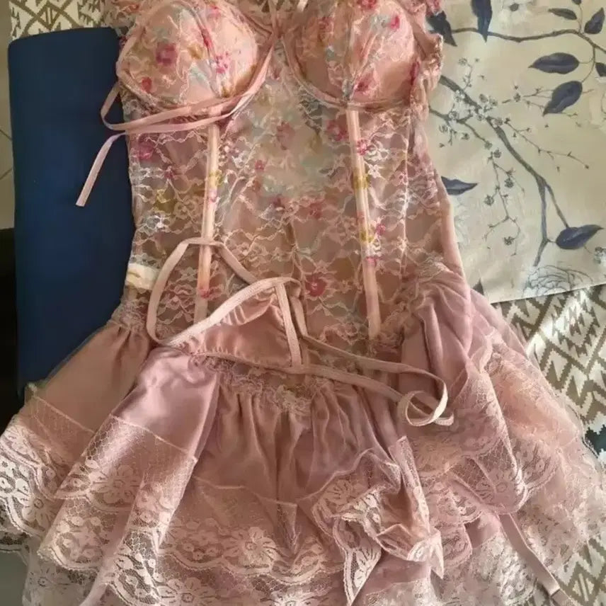 [BUNJANG] Pink Flower Lace Corset Bustier / 코르셋 란제리 뷔스티에 핑크 플라워 레이스
