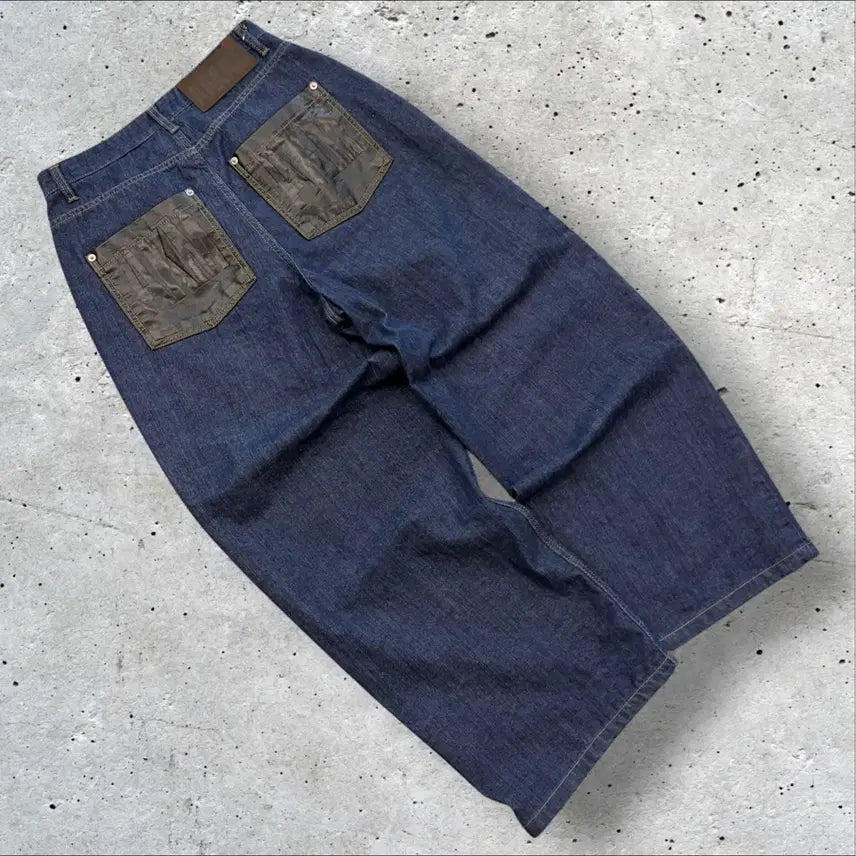 [BUNJANG] AAKAM Leather Wide Denim Pants (Dark Blue) / [1] 아캄 AAKAM 레더 와이드 데님 팬츠 E645