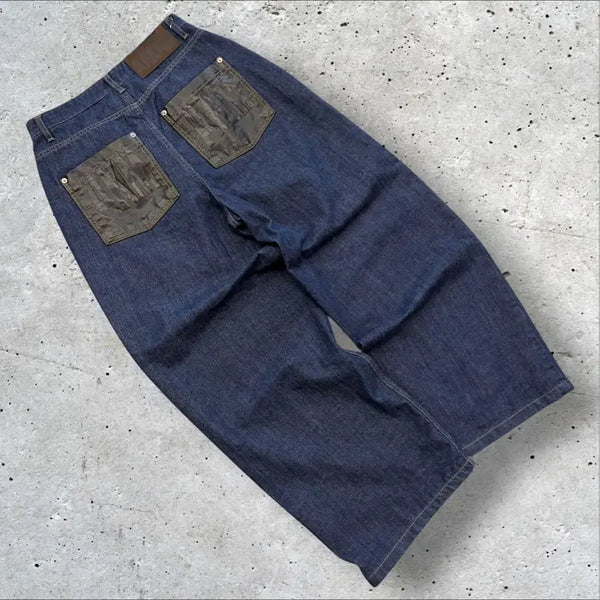[BUNJANG] AAKAM Leather Wide Denim Pants (Dark Blue) / [1] 아캄 AAKAM 레더 와이드 데님 팬츠 E645